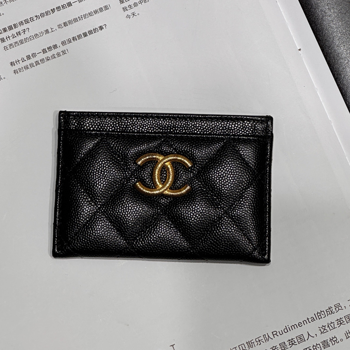 99新 Chanel/香奈儿 黑金荔枝纹牛皮金丝logo卡包