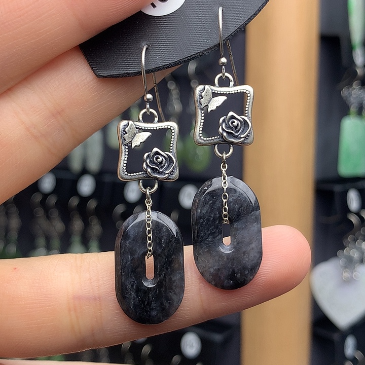 翡翠耳饰银S925镶嵌55555