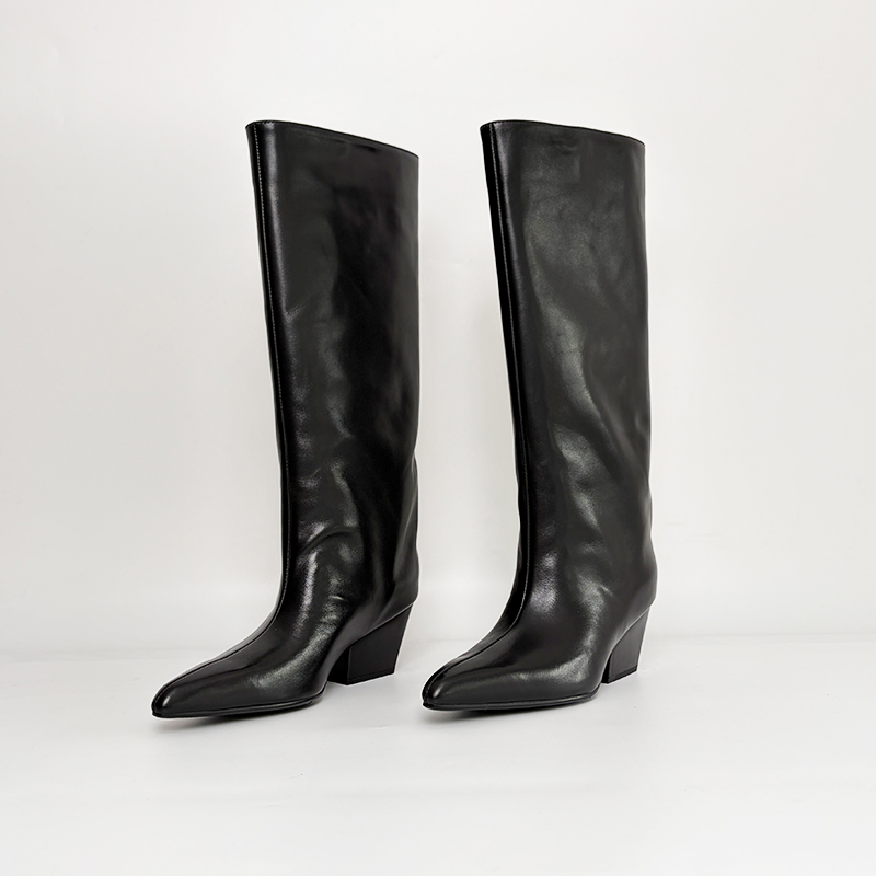 【短发姐妹】5cm跟高时尚简约尖头显瘦长靴女气质百搭款真皮高筒靴