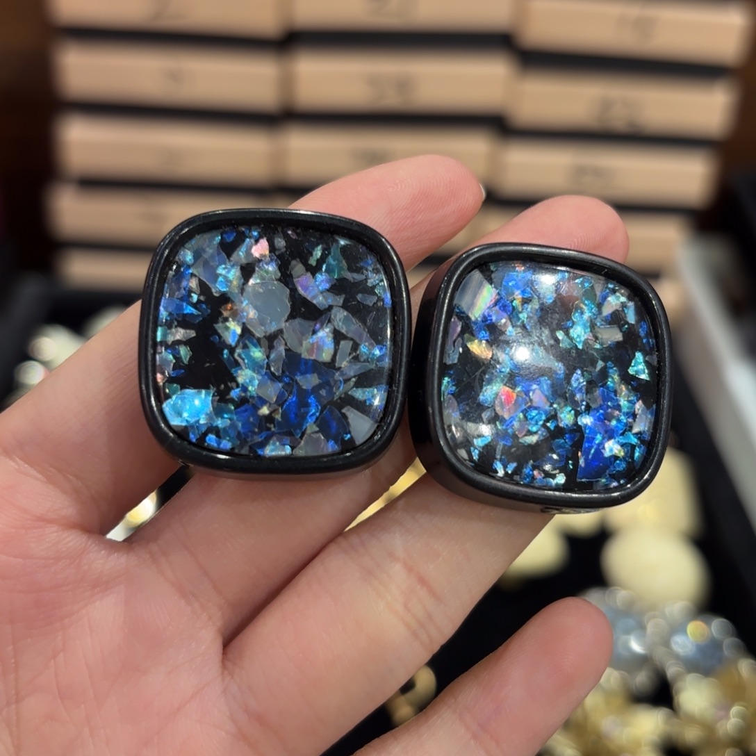 合成碳硅石纯铜中古黑蓝色耳夹