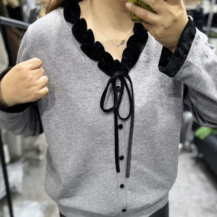 卡丁自制韩系简约针织宽松显瘦蝴蝶结系带百搭毛衣内搭