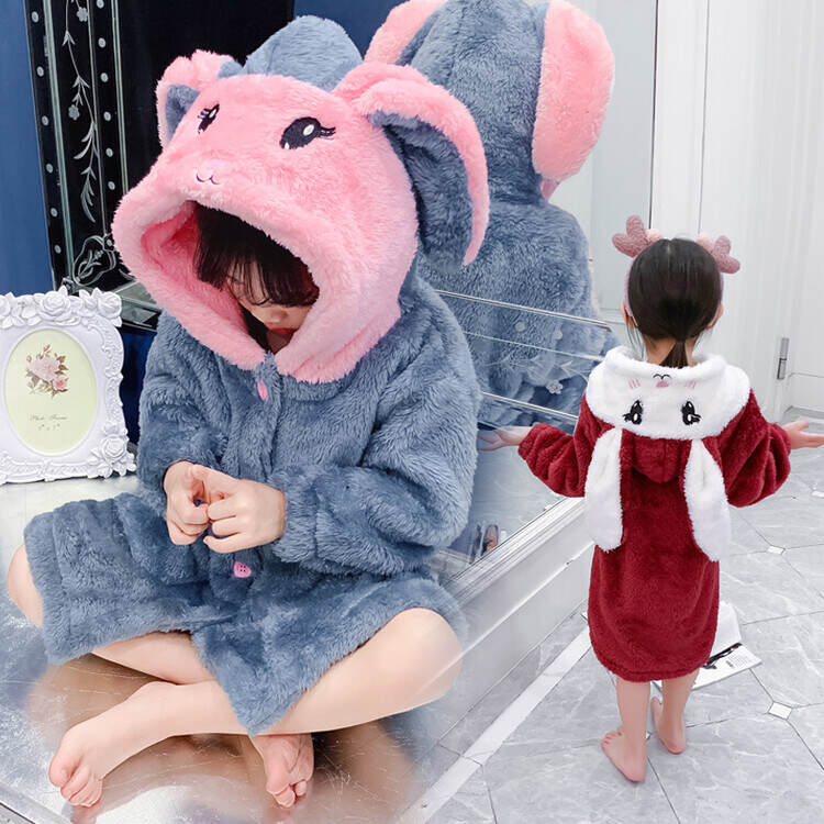 【】家居服加厚宝宝长款睡裙儿童珊瑚绒冬款婴儿长耳朵北极绒睡袍