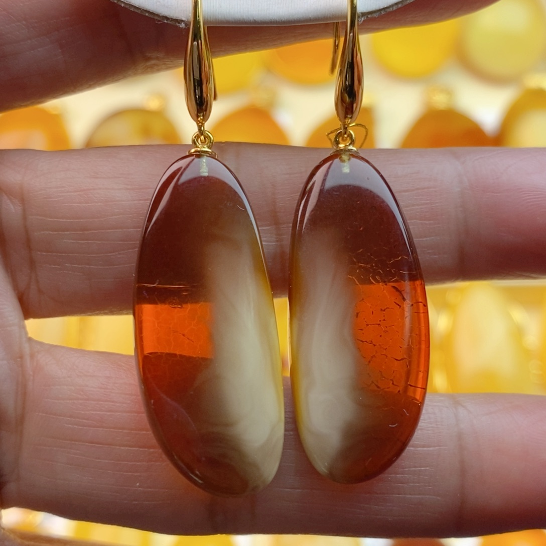 琥珀耳饰银S925镀金镶嵌