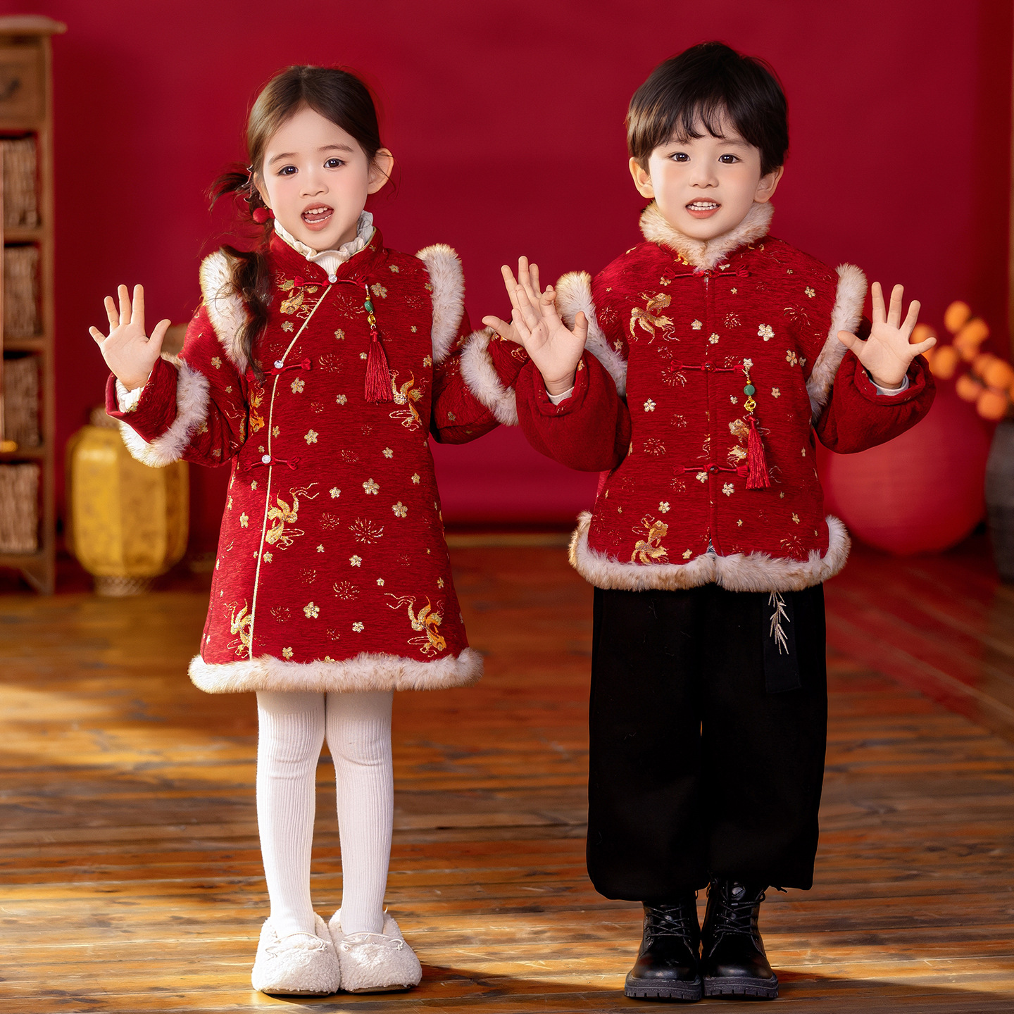 昕安纪|过年红毛边男女童国风唐装拜年服旗袍汉服红色喜庆款