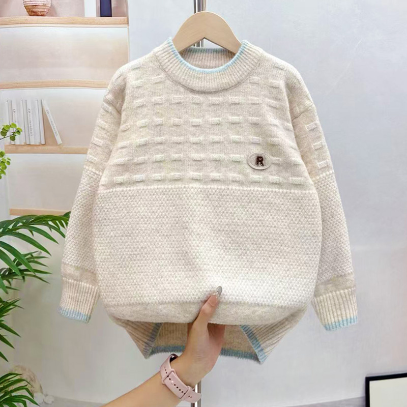 女童秋冬学院风针织衫大童圆领女加厚加绒保暖套头中大童上衣潮款