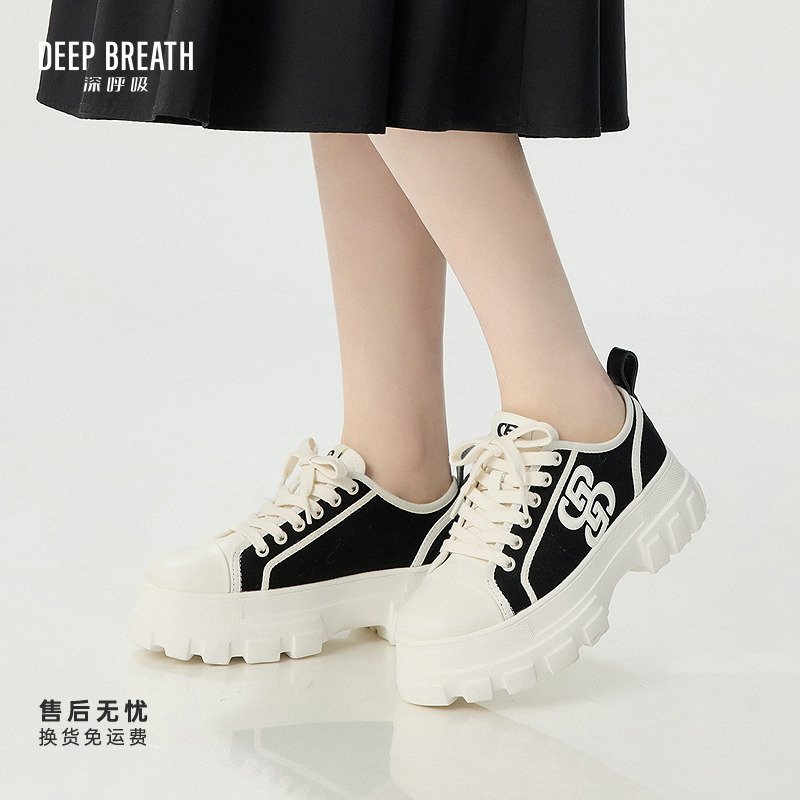 DEEP BREATH深呼吸女鞋系带厚底低帮拼皮休闲帆布小白鞋AX12298