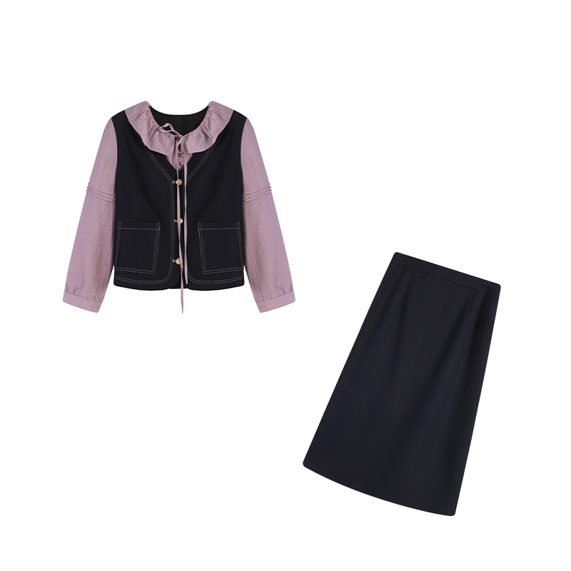 【苏柏妮】春季气质假两件减龄藏青色两件套ZL103568