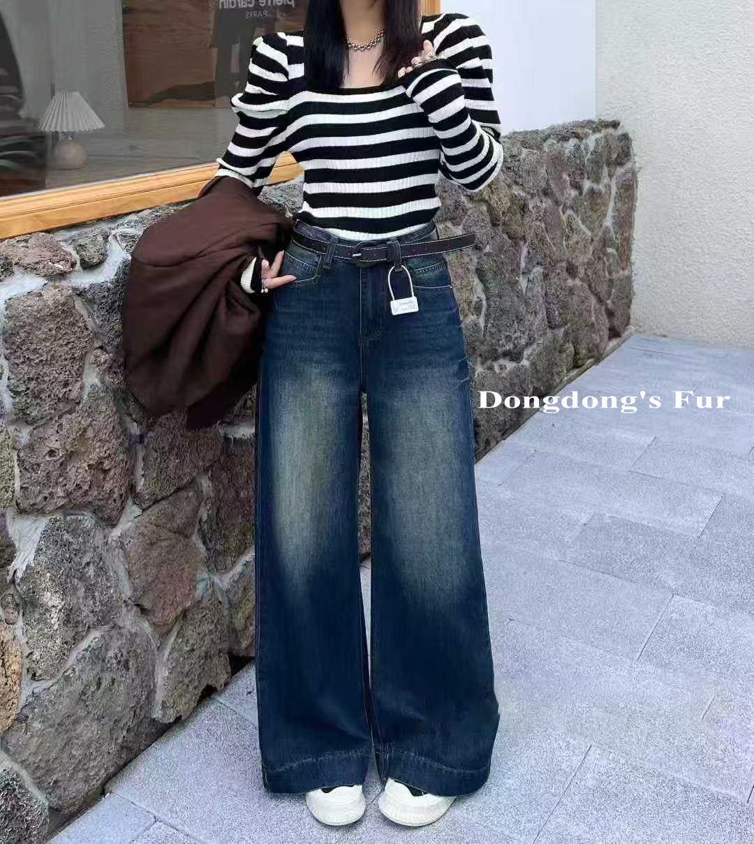 休闲女臀大女生适合的裤子牛仔裤黑色长裤高腰宽松