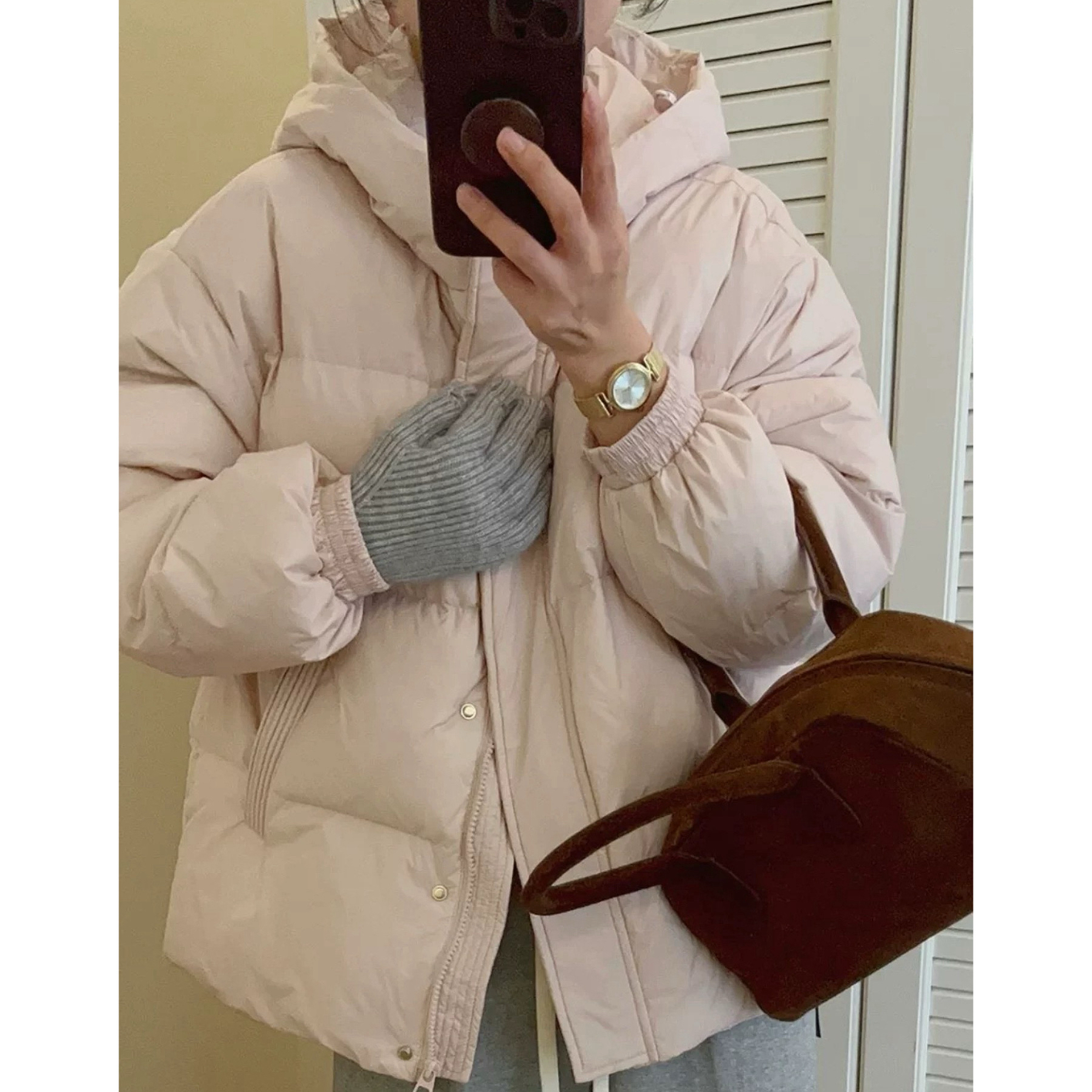 sanfan冬季新品～5日韩系奶油色简约保暖连帽款外套休闲百搭宽松