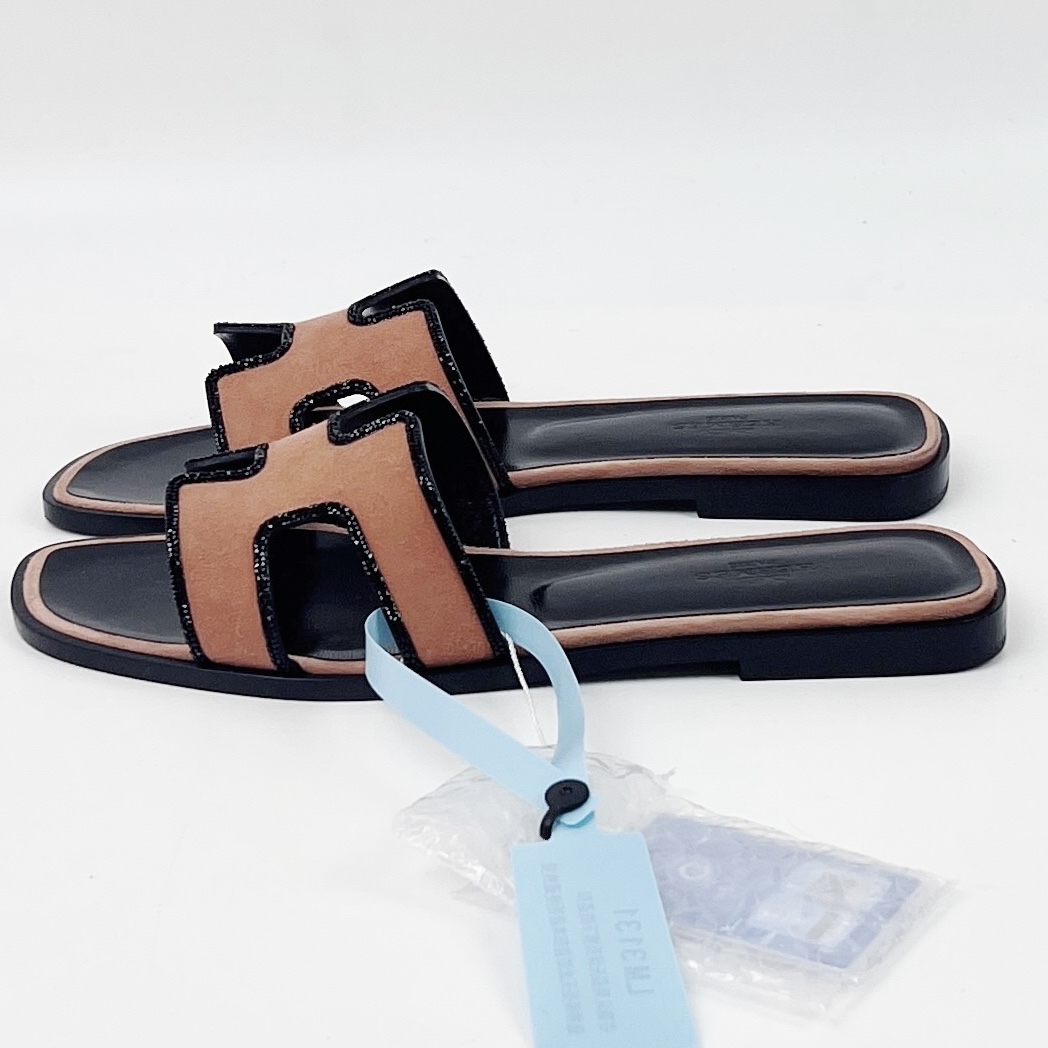 未使用 Hermes/爱马仕 38码  棕色闪钻平底拖鞋 jm3131