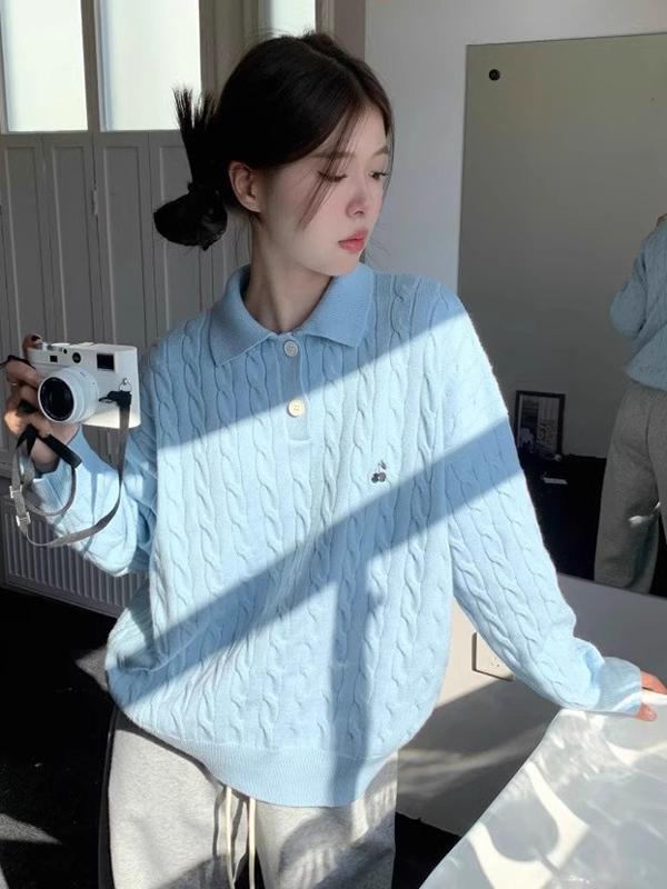 现货重磅美式复古polo领毛衣女秋冬内搭韩系蓝色麻花上衣针织衫潮