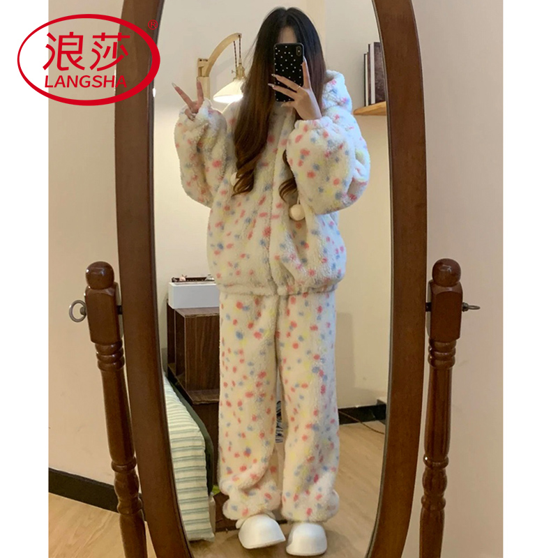 浪莎珊瑚绒睡衣女冬季加绒保暖法兰绒甜美彩色波点睡袍家居服套装商品图