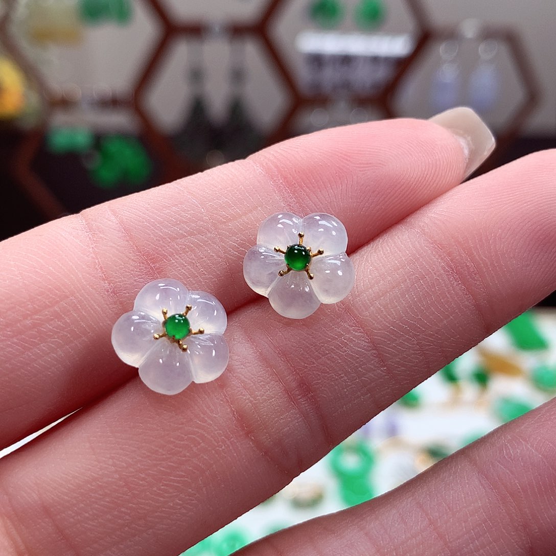 翡翠耳饰18K金镶嵌天然翡翠