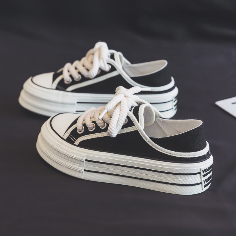 【两穿厚底 4厘米】2025夏季新款爆款女款学生半拖一脚蹬增高帆布鞋