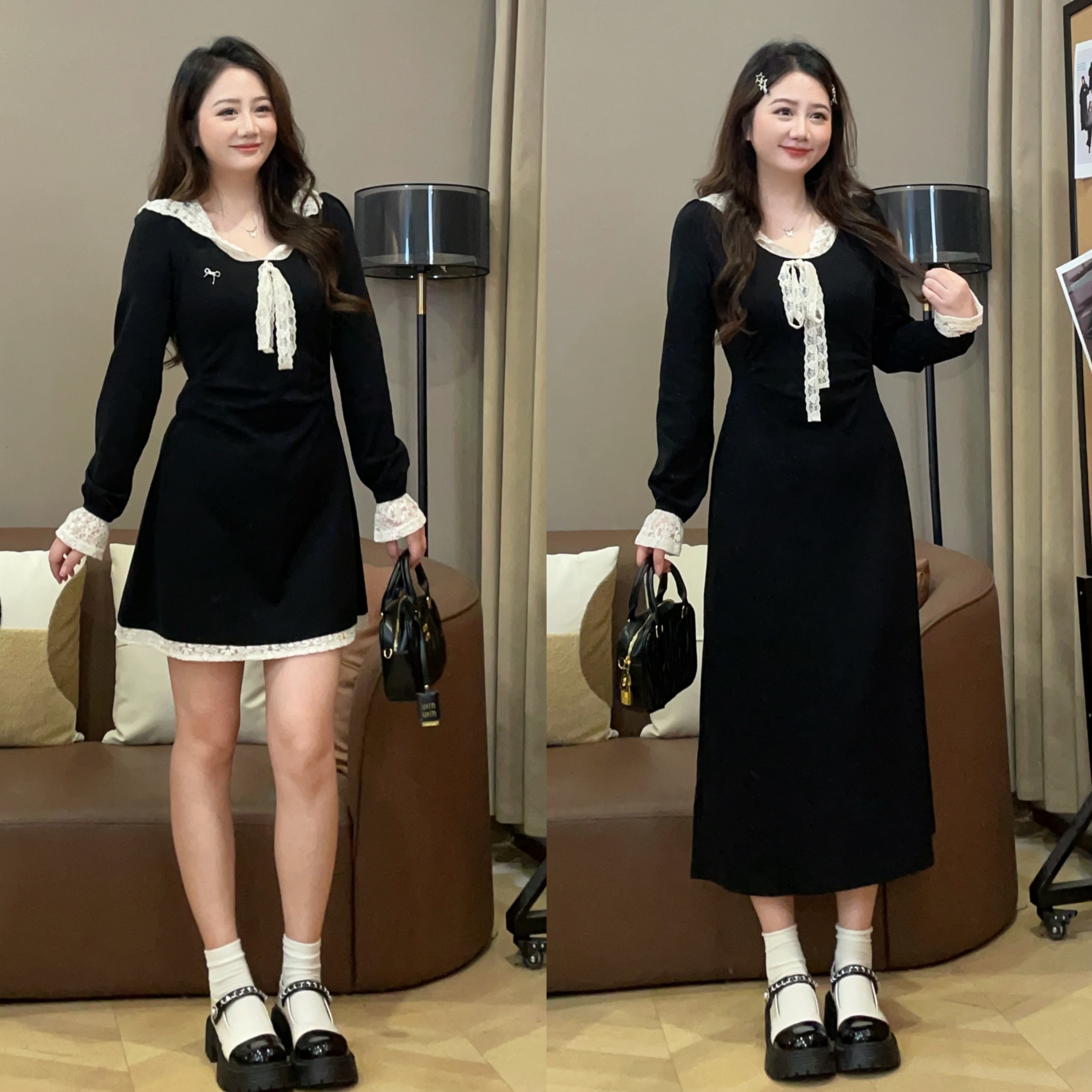 大萌萌【现货】早秋撞色拼蕾丝收腰小黑裙微胖显瘦连衣裙P225Q13918