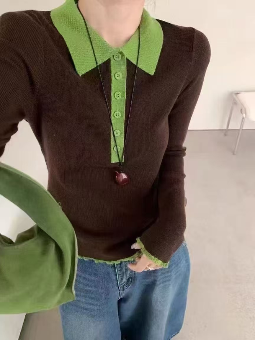 高级感小众秋冬撞色拼接针织衫女修身显瘦polo翻领打底毛衣上衣