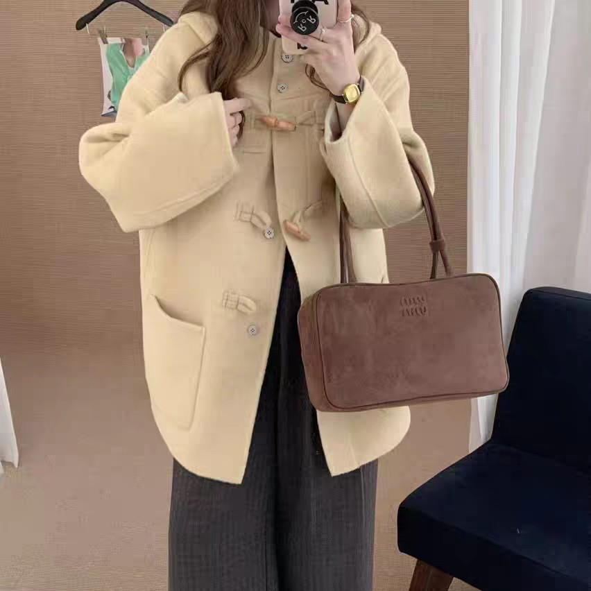 韩版宽松连帽牛角扣集合链接双面羊毛大衣学院大衣外套