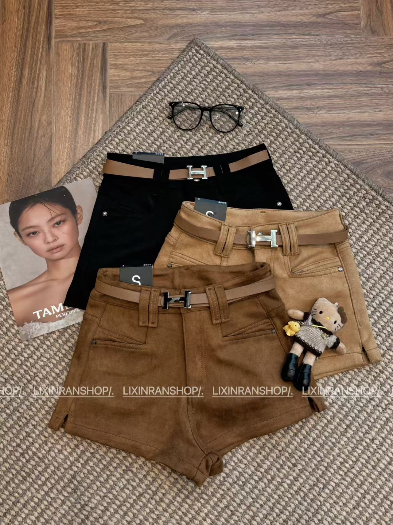 李欣然 【漫步诺丁山】美式复古立体剪裁麂皮绒三分短裤靴裤2100