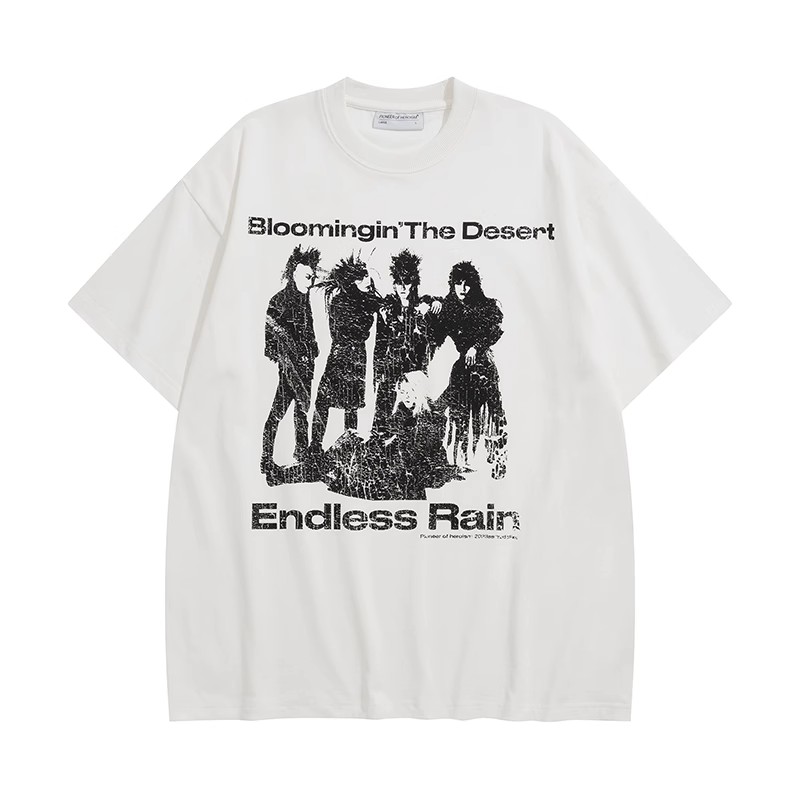 无尽的雨复古人像剪影奶白色重磅300g旧物感酵洗短袖T恤男夏季