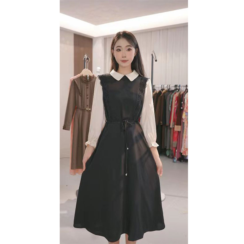 L096 时尚高档假两件拼接连衣裙秋季新款显瘦气质收腰中长款