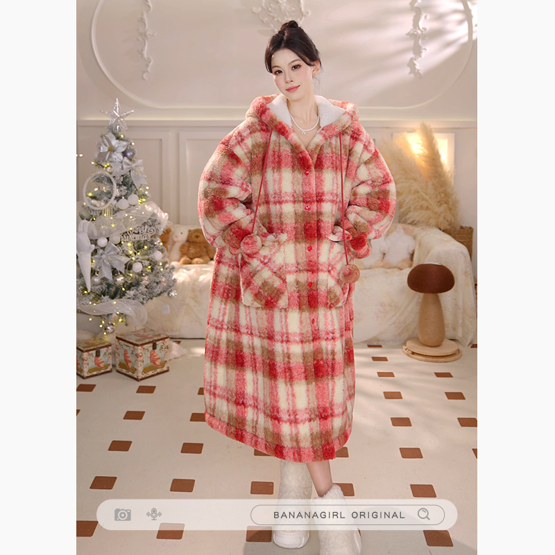 Bananagirl睡衣女秋冬连帽中长款睡袍循环蓄温速暖家居服可外穿