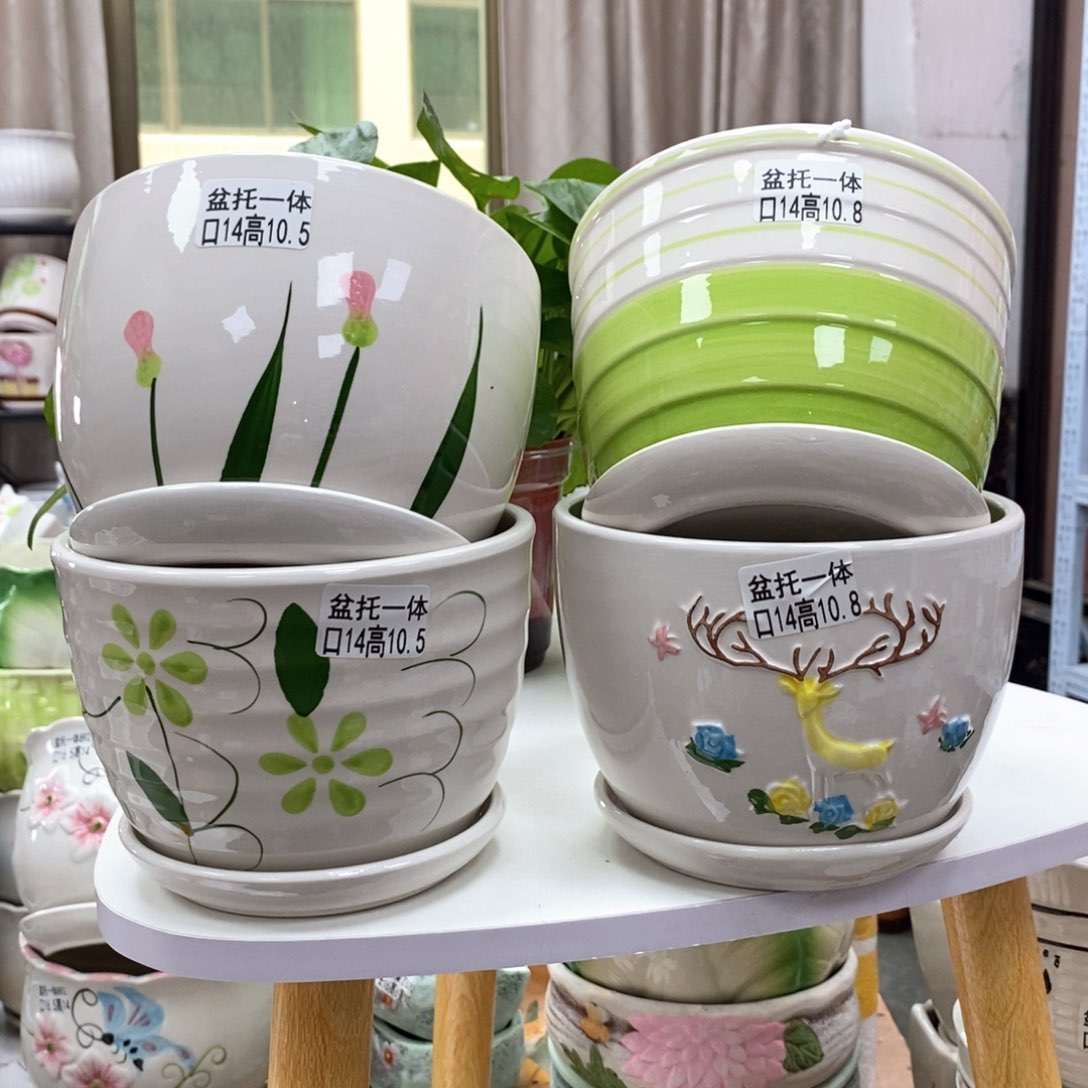 陶瓷@陶瓷花盆@@四个手绘