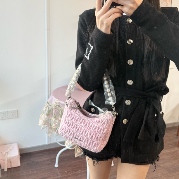 95新 MIU MIU/缪缪 miumiu七夕限定粉色粗花呢珍珠链条包