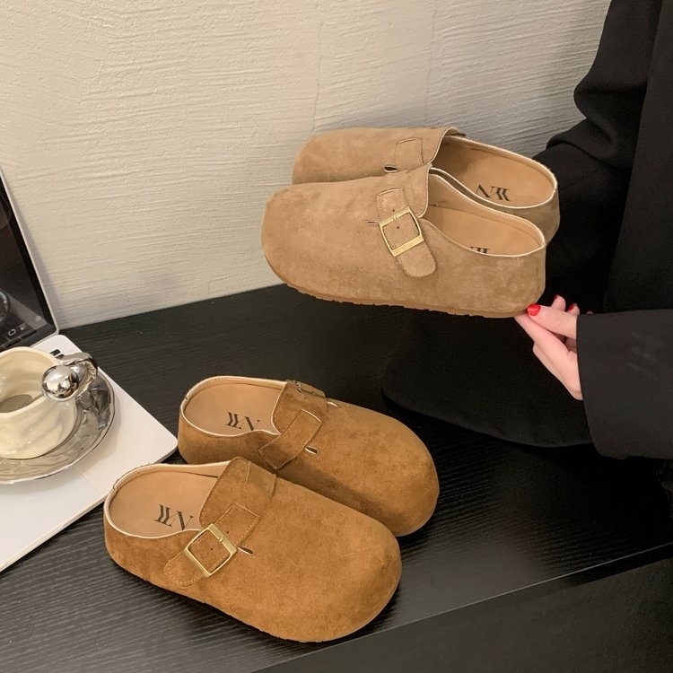 包头半拖鞋女2025新款复古穆勒鞋厚底增高休闲丑萌勃肯鞋