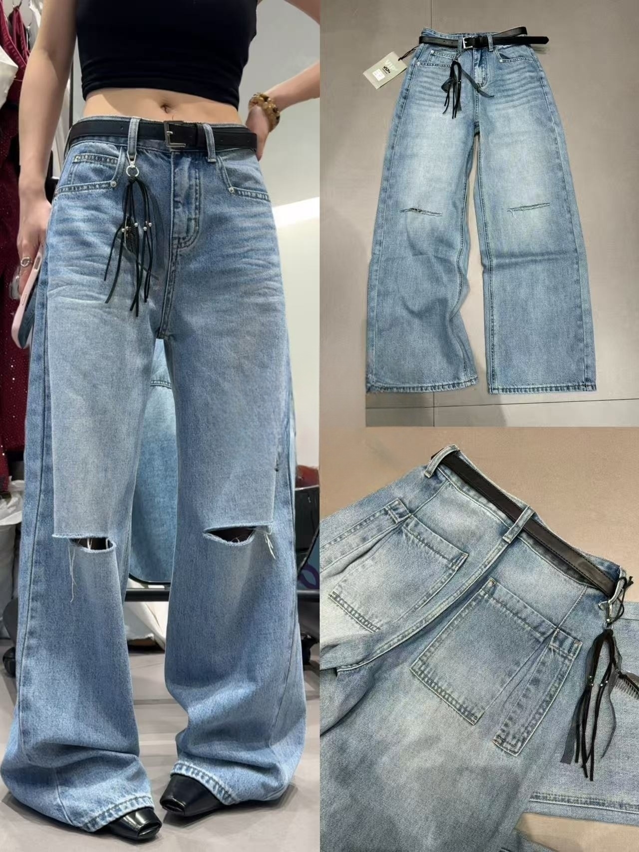 Z.X 复古水洗破洞牛仔直筒裤（腰带数量有限）5266（K2）