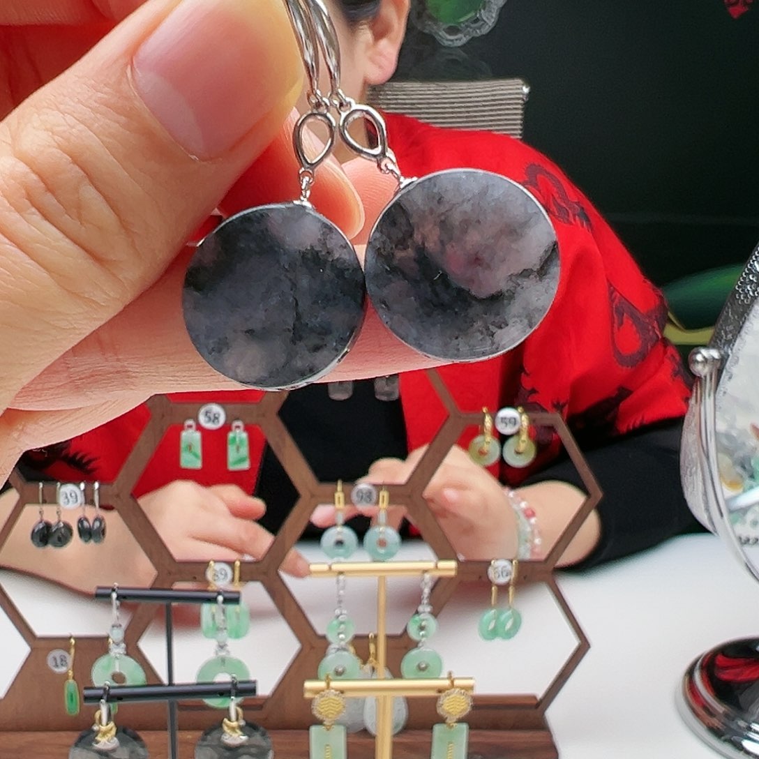 翡翠耳饰银S925镶嵌天然翡翠