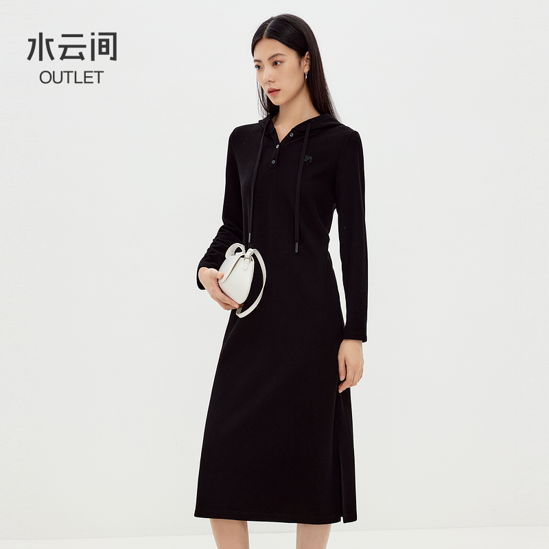 【连衣裙】水云间黑色灯芯绒直筒连帽连衣裙女H型中长裙子12430222