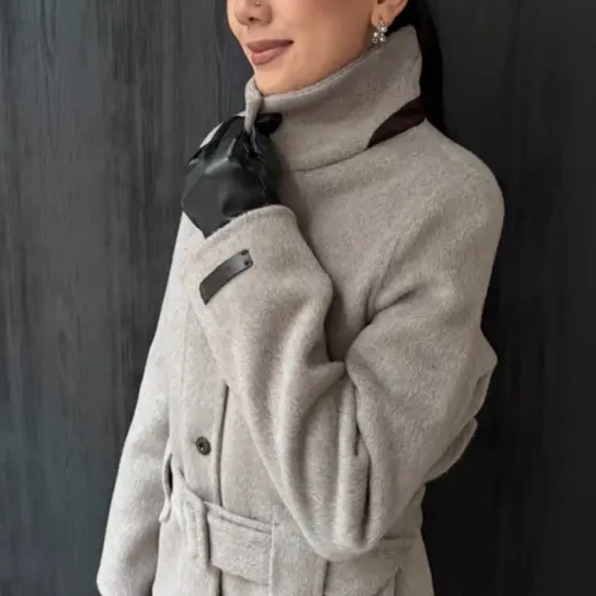 秋季通勤配腰带双层领口软质毛呢大衣外套