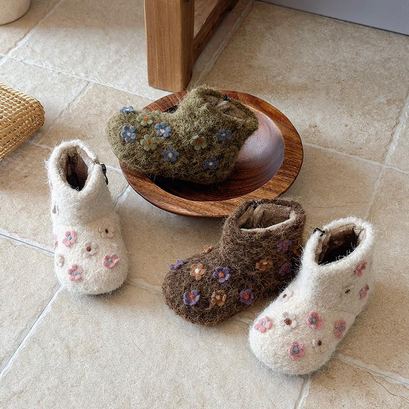 女童短靴冬季新款花朵棉靴加绒保暖女宝宝棉鞋小公主毛毛鞋51225