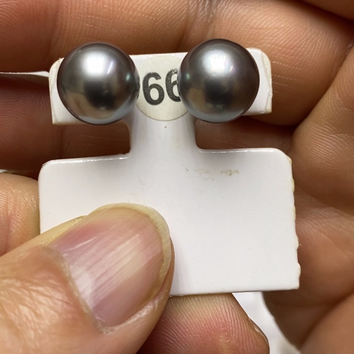 海水珍珠铂金灰珍珠耳钉18K金镶嵌