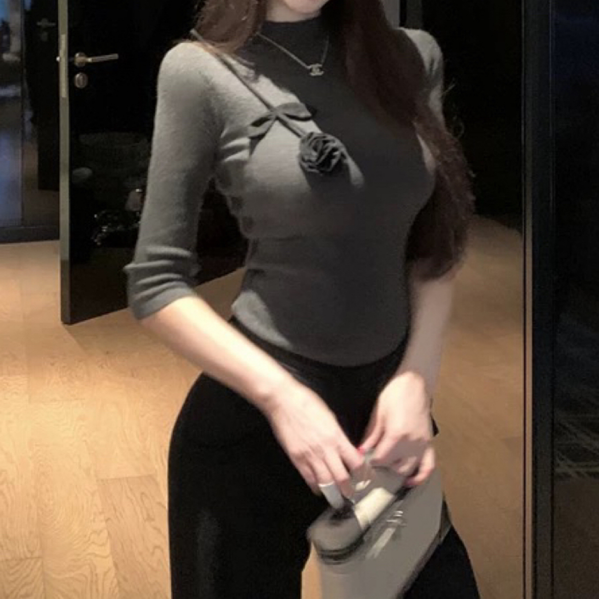 立体花朵半高领半袖针织衫女秋季修身收腰设计感气质打底上衣