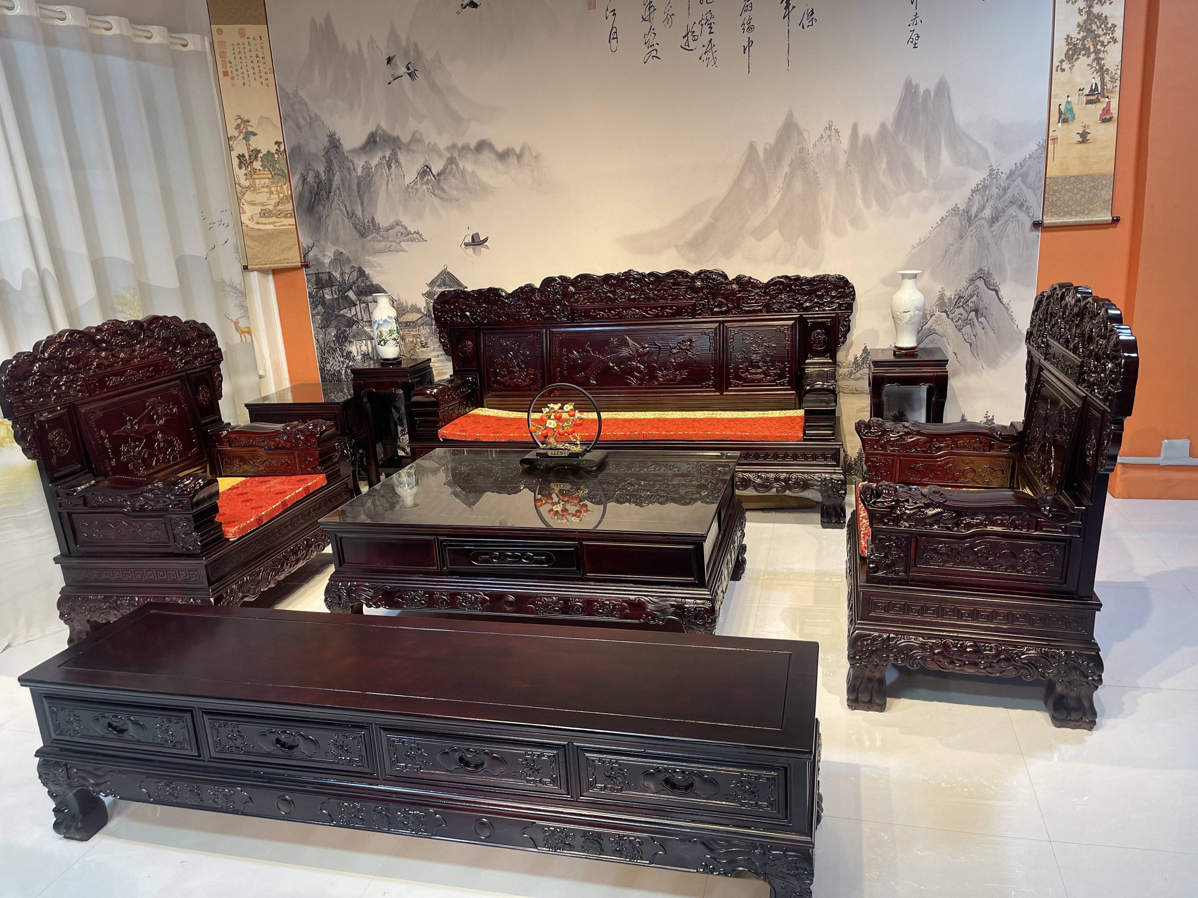 全实木桃花心木中式客厅雕花沙发小户型古典沙发待客家用复古沙发