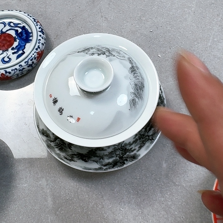 杯墨彩黄鹤楼三才元宝盖碗