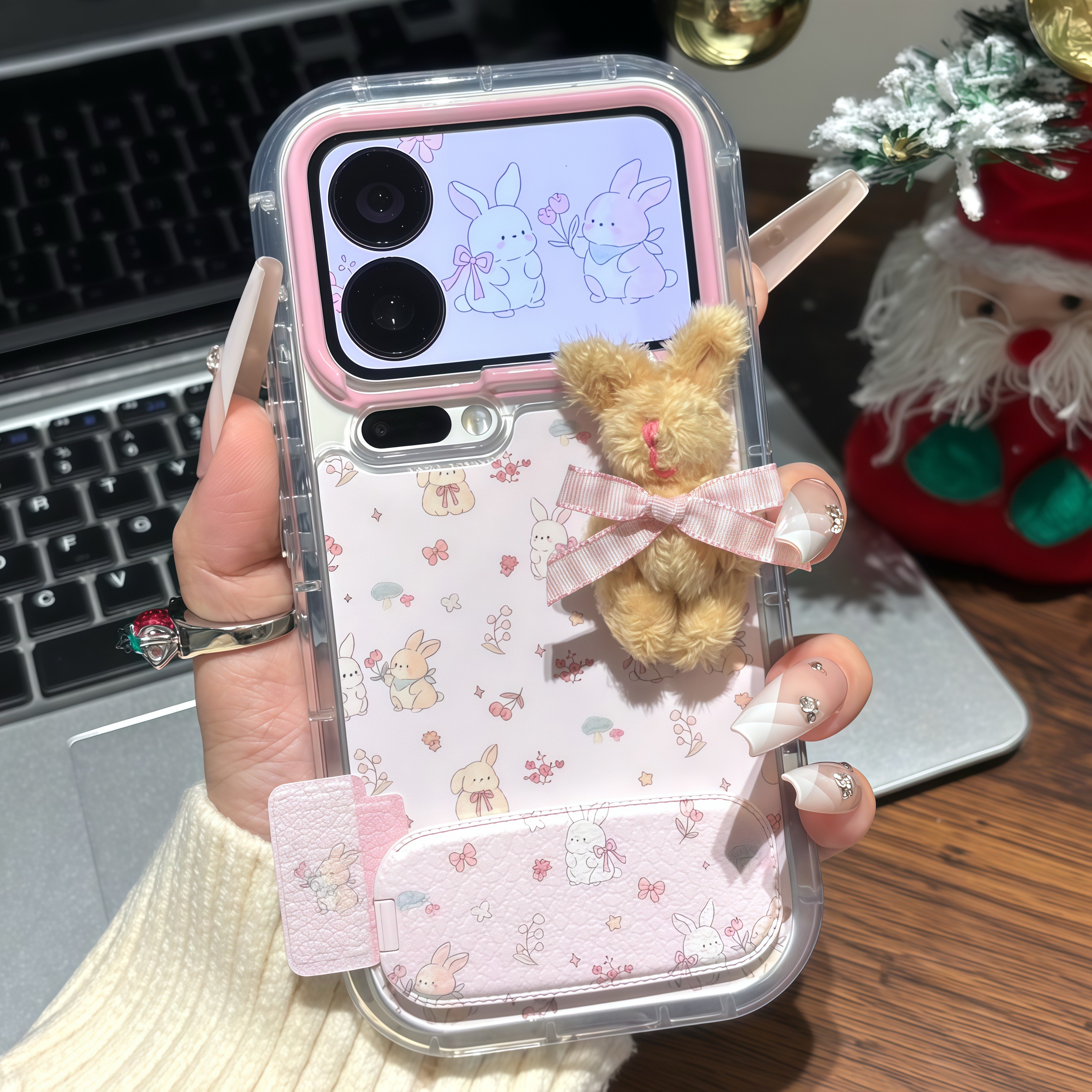 冬日粉花毛绒兔子支架适用苹果17/16手机壳14华为vivoppo小米15潮