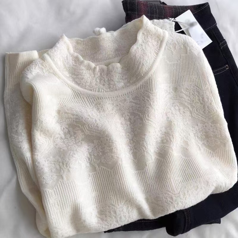 气质花边半高领钩花针织打底衫女内搭毛衣提花上衣