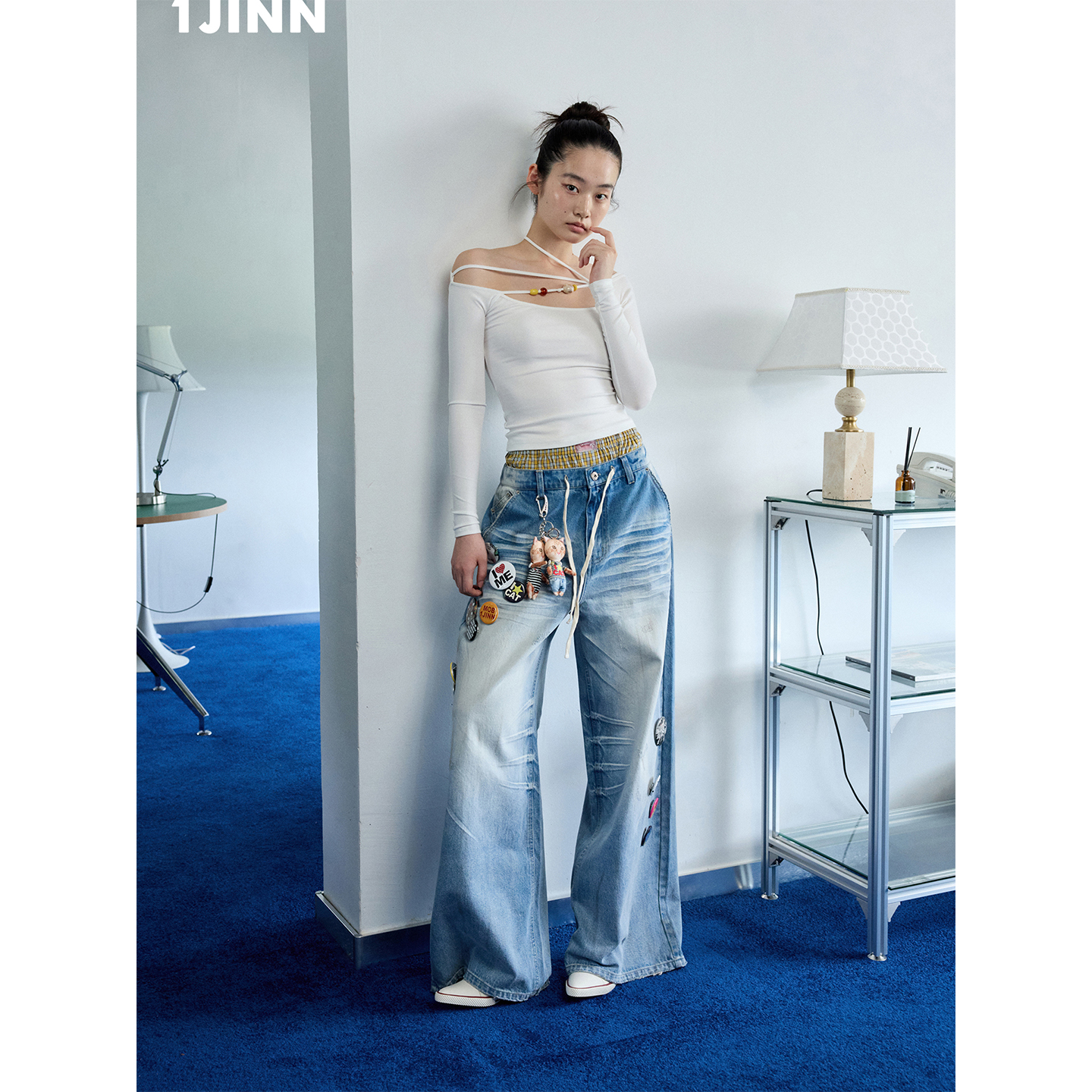 【25秋新VOL.1】1JINN STUDIO 一字肩串珠绑带纯色长袖T恤