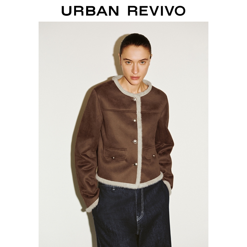 UR2025冬季新款女琥珀流光风复古毛边金色纽扣外套UWM150107