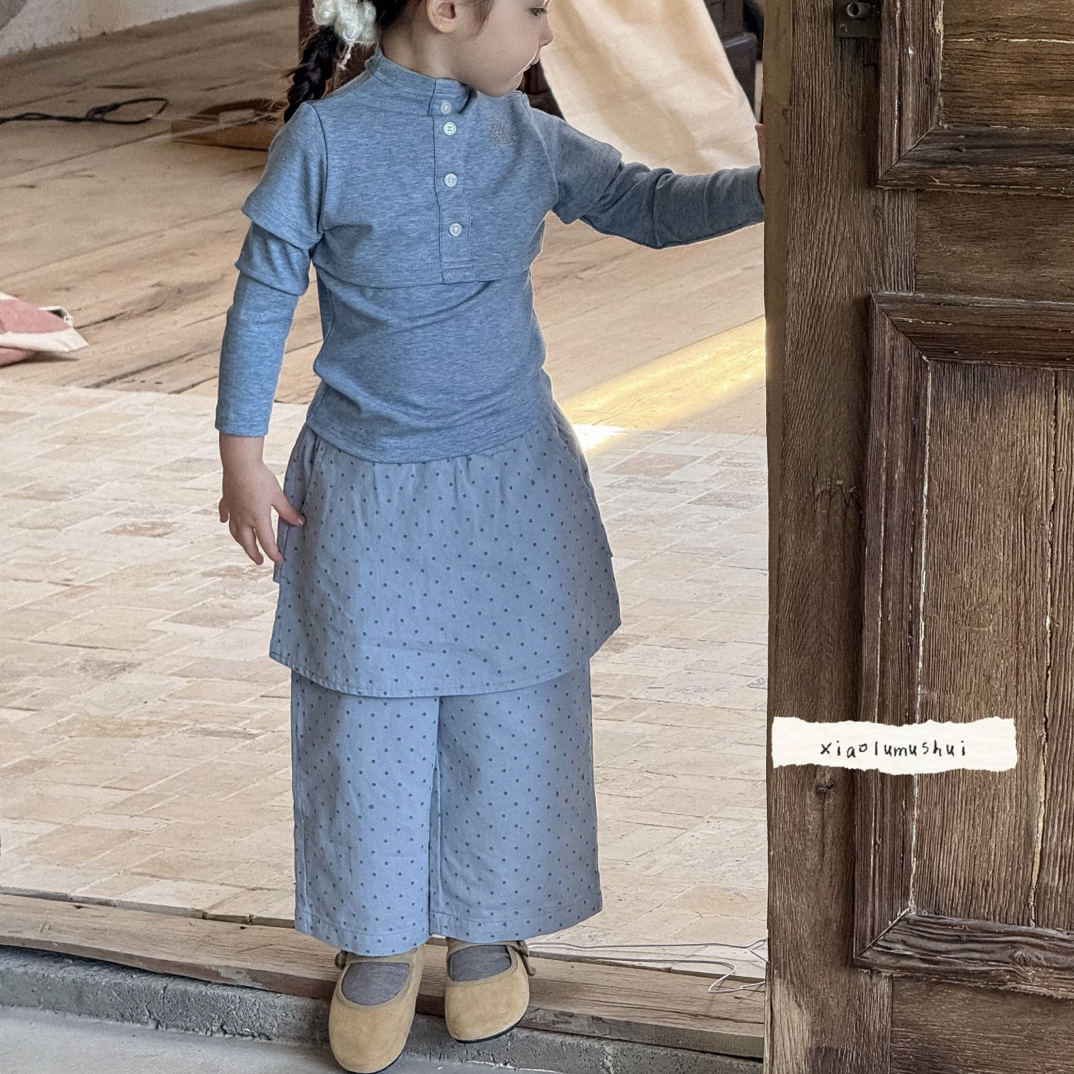 小鹿慕水 25秋 女童套装假两件上衣95609 蓝色圆点屁帘裤95610