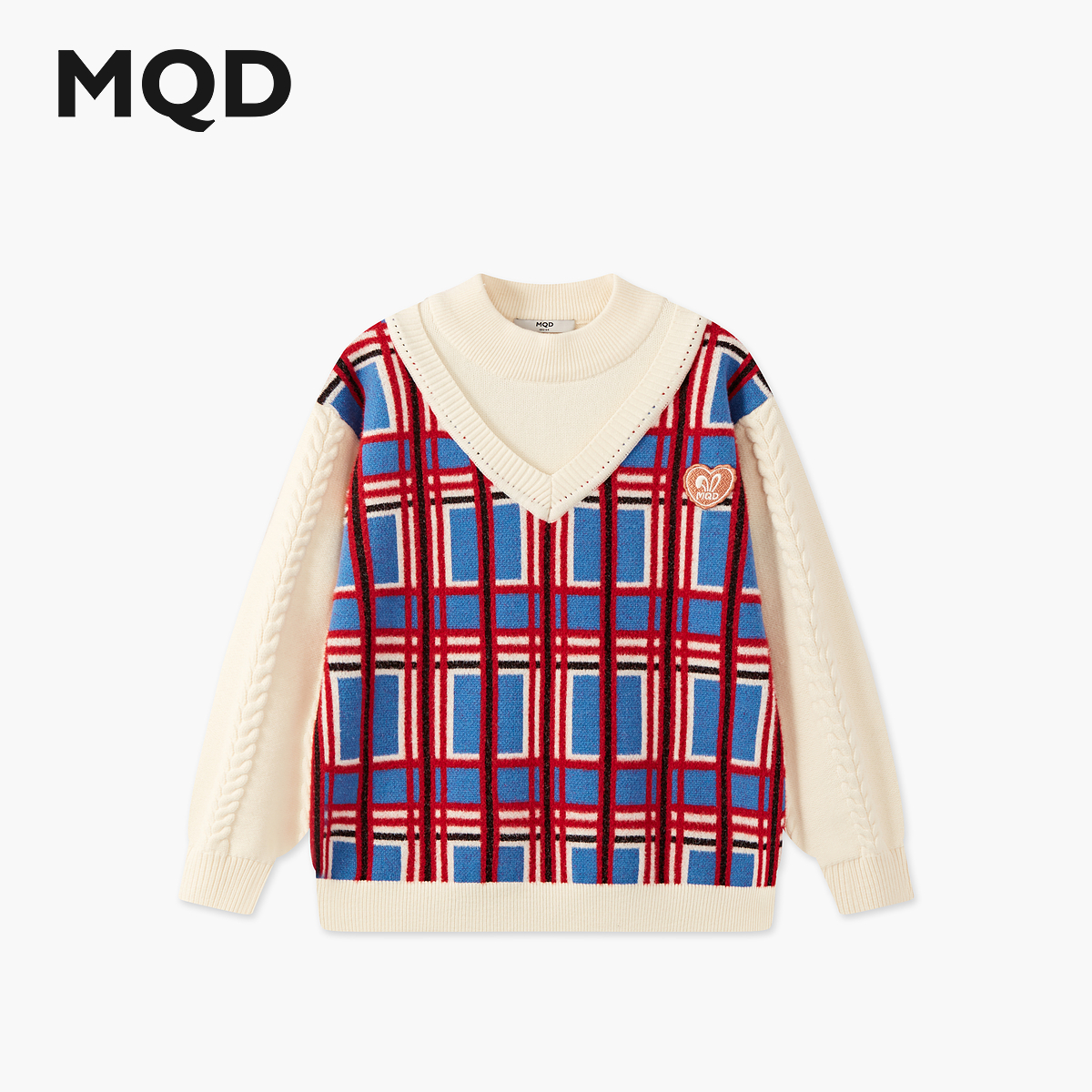 【拜年服】MQD女童25冬新款假两件格纹长袖半高领毛衣6654W0717