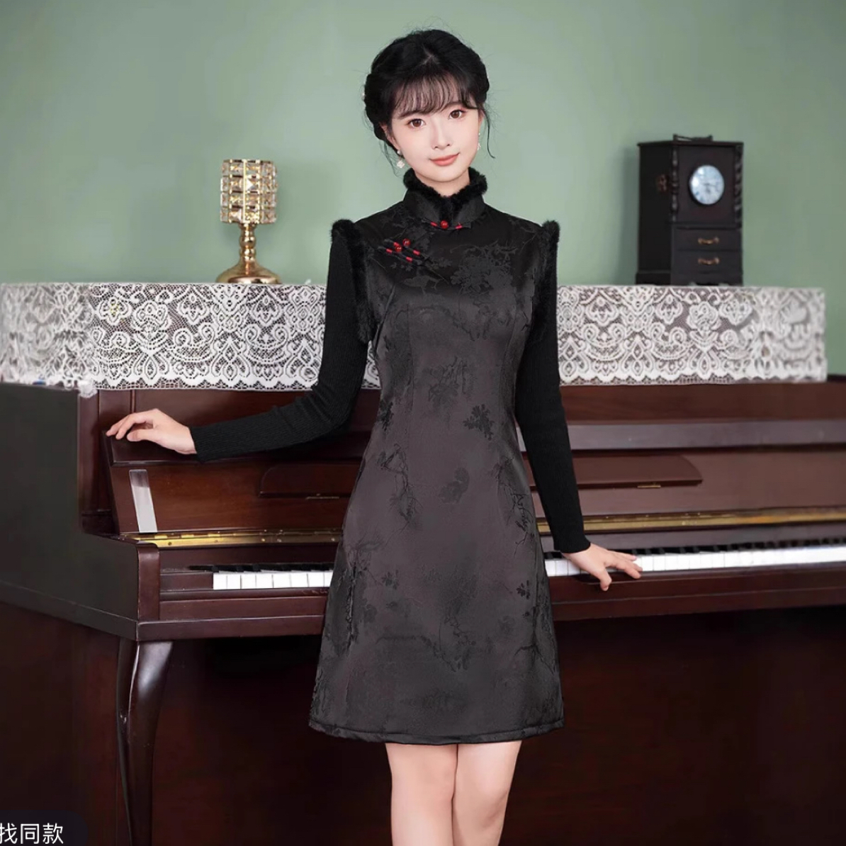 【3016 莫问归期 无袖旗袍裙 黑色】（无袖，加绒加厚）显瘦复古旗袍