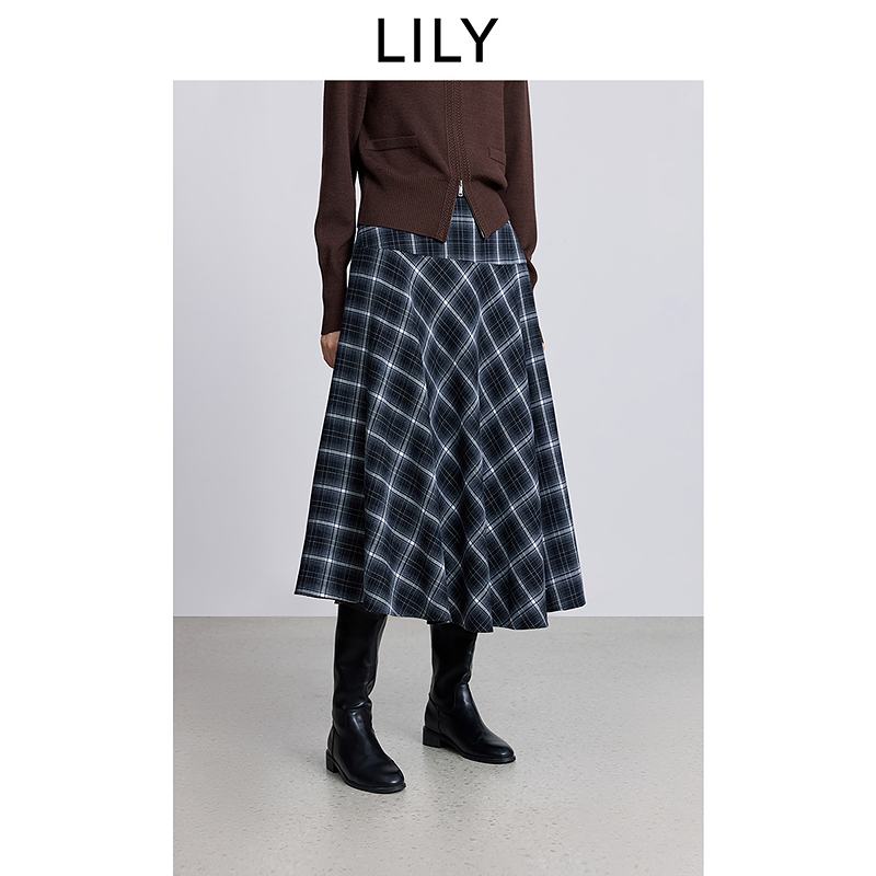 LILY2025冬新款格雷系撞色格纹气质通勤A字裙半身裙女125419C6920