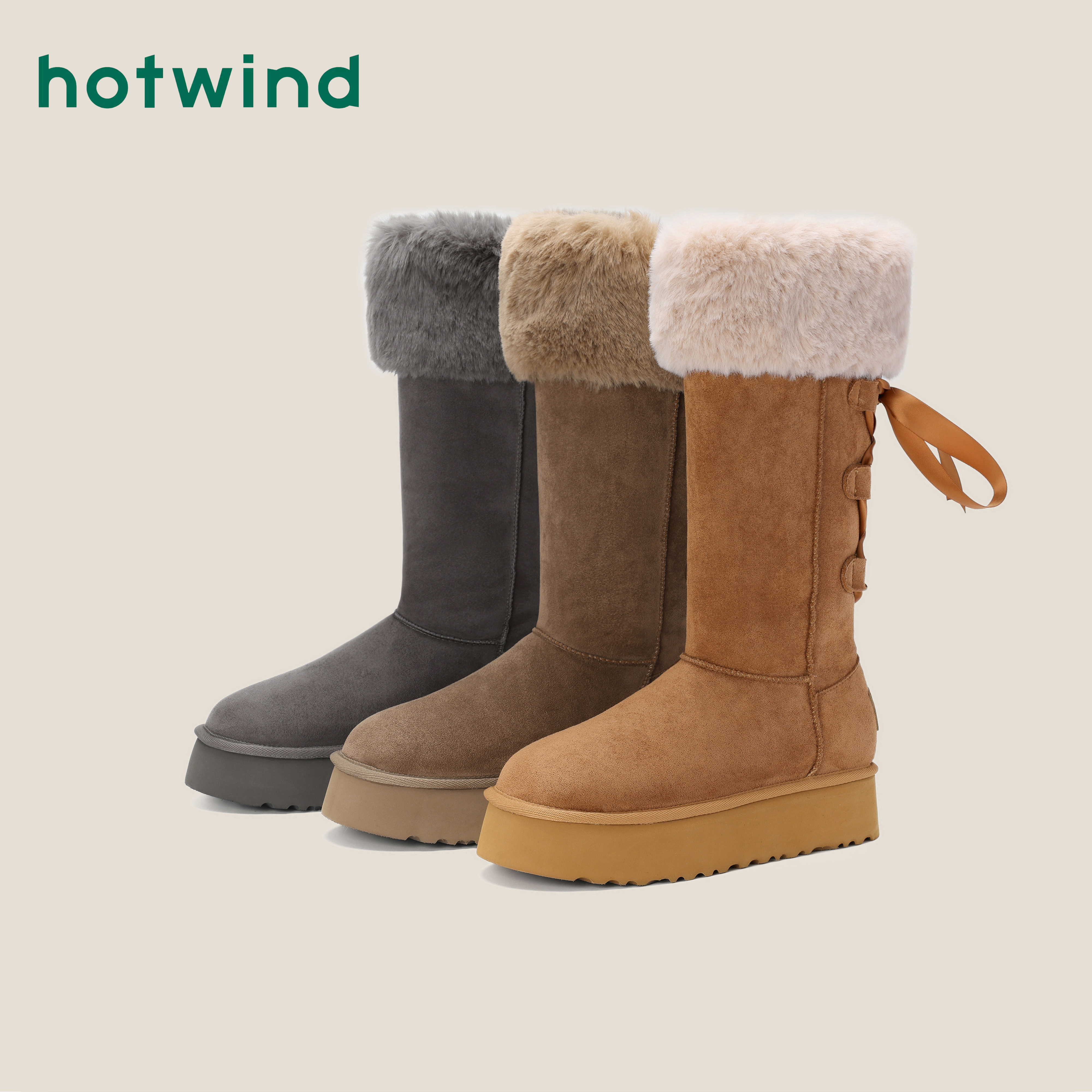 Hotwind/热风高筒雪地靴女2025冬季新款飘带搭扣长筒靴加绒保暖