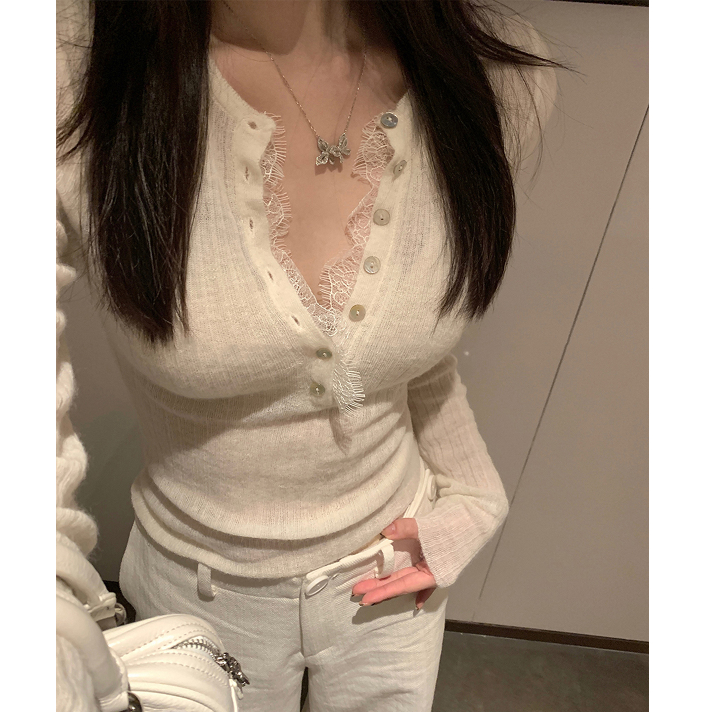 羊毛衫纯欲风蕾丝内搭针织衫女秋冬外穿修身显瘦高级打底辣妹上衣