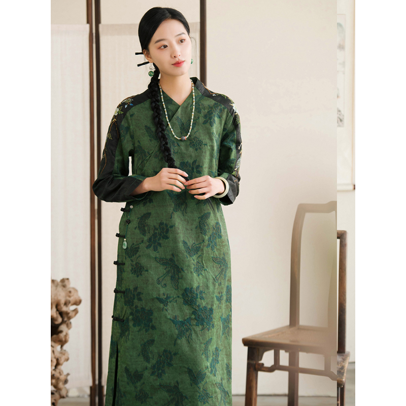 蘭襟【素月与君共】油丝香云纱手绣新中式复古改良旗袍春中国风
