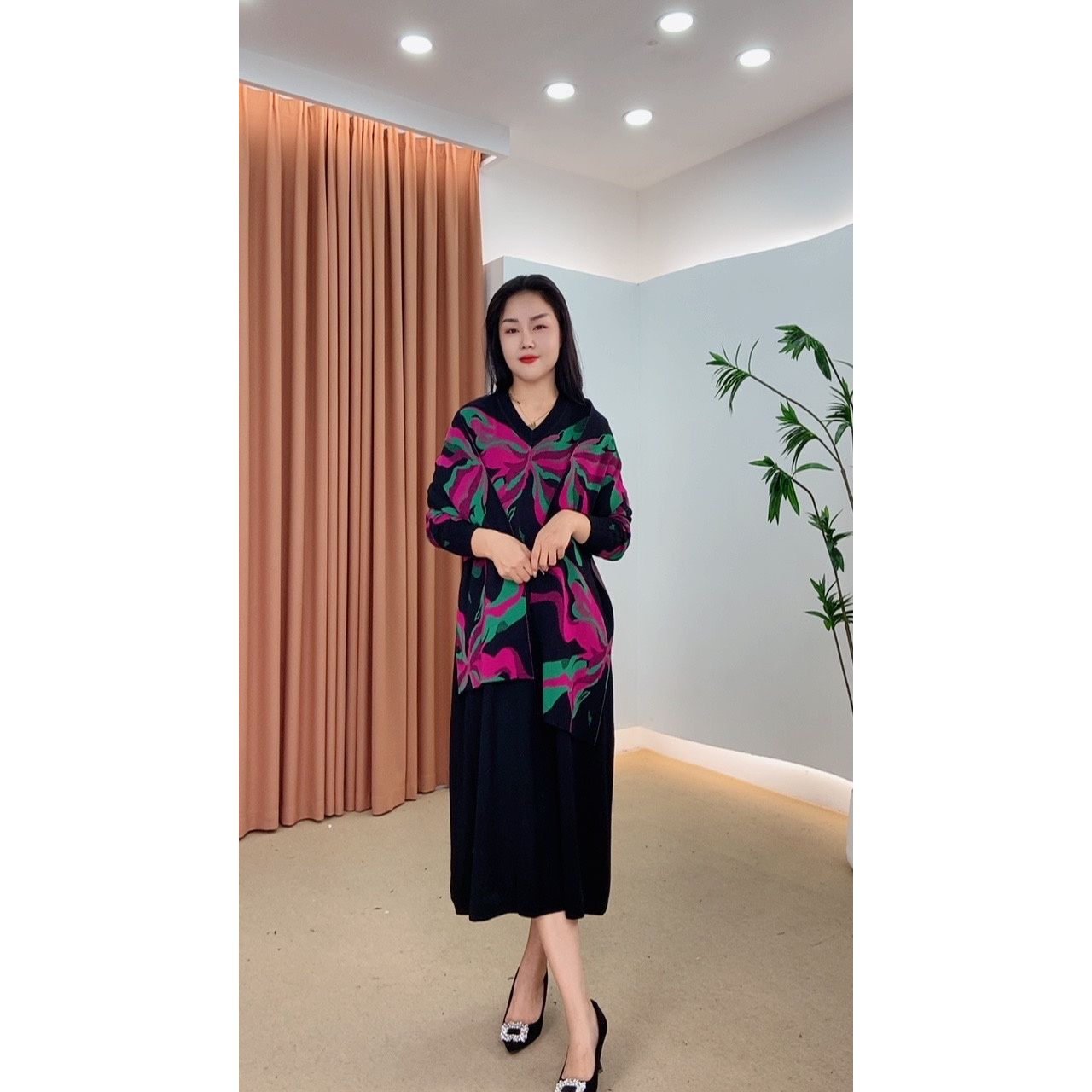 747秋冬季时尚针织提花长袖长款百搭连衣裙显瘦妈妈装