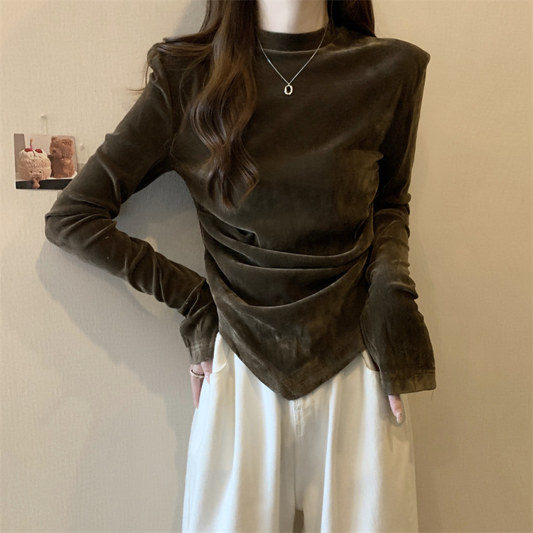 大码金丝绒正肩长袖T恤女秋冬季胖mm显瘦半高领不规则打底衫上衣